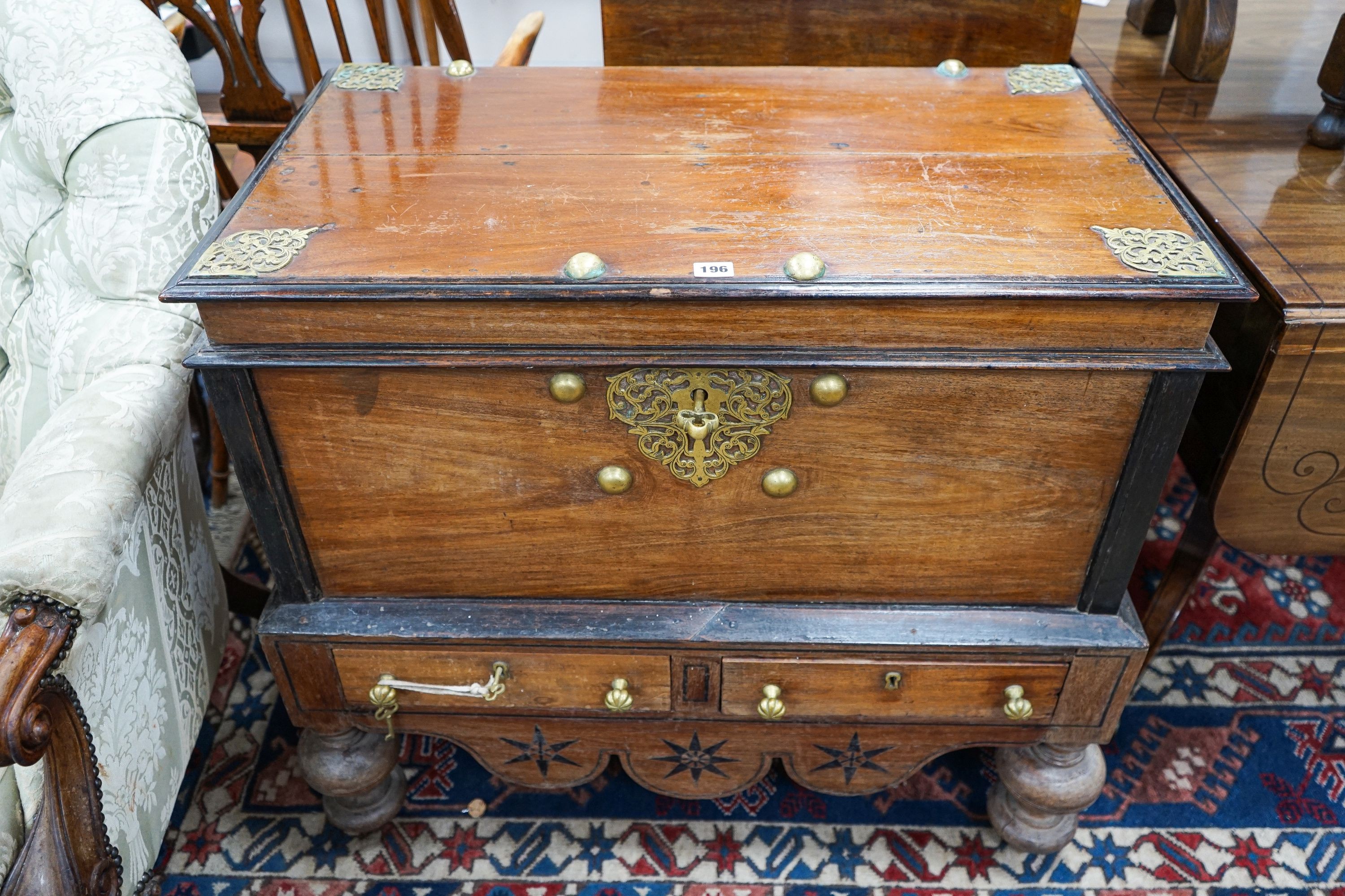 An Indonesian brass mounted hardwood coffer, length 88cm, depth 50cm, height 80cm